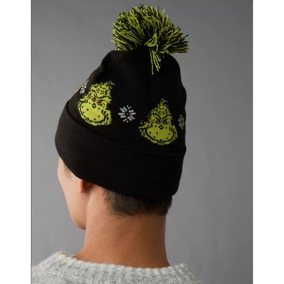 American Eagle Black Grinch Hat Beanie Cuff Pom Pom NWT - Picture 7 of 8